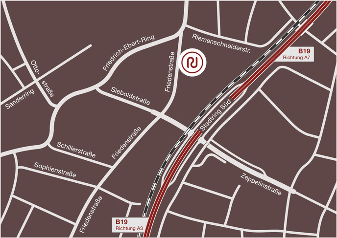 Übersichtskarte mit Straßenverlauf zur logopädischen Praxis Ruth Ulses in Würzburg.